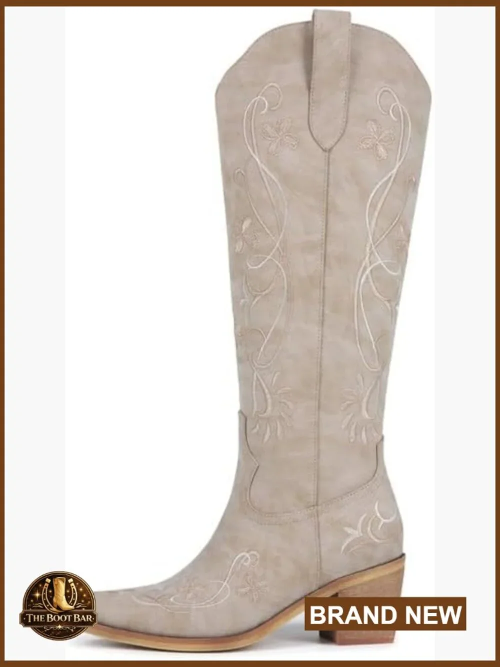 Knee High Western Boots Floral Embroidered Pointed Toe Chunky Heel Pull On - Picture 1 of 7